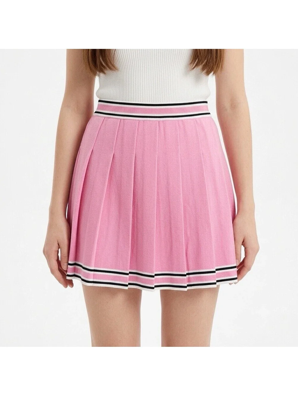 Daisy Pink Pleated Knit Skirt Large Stripe Waist Mini Tennis Preppy Schoolgirl
